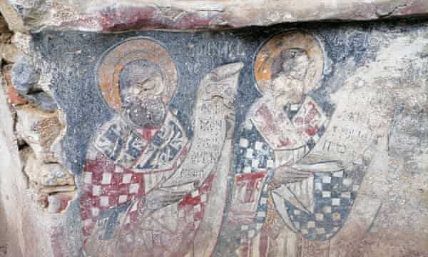 ‘Saints with their eyes gouged out by Ottoman iconoclasts’ in a ruined chapel on Tilos.