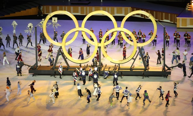 The Olympic rings assembled in wood. Olympic opening ceremony,Tokyo 2020,Marco Balich,Arisa Tsubata,Tokyo,harbouchanews