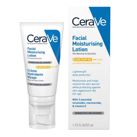 A squeezable tube of CeraVe moisturiser next to the box packaging it comes in.
