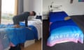 Tom Daley tests his cardboard bed at the Paris Olympic Village