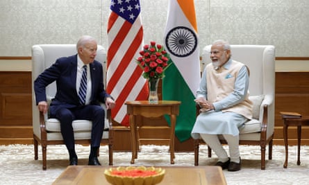 Narendra Modi receives US president Joe Biden in New Delhi on 8 September 2023.