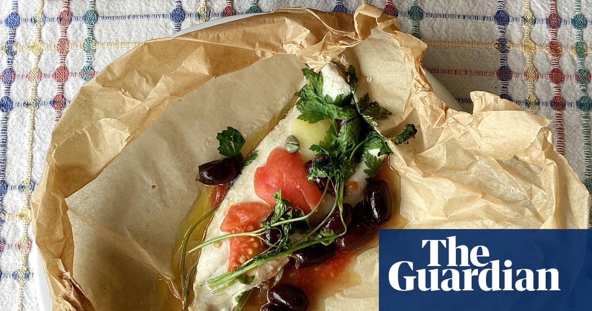 Rachel Roddy’s recipe for fish baked with tomatoes, olives and capers
