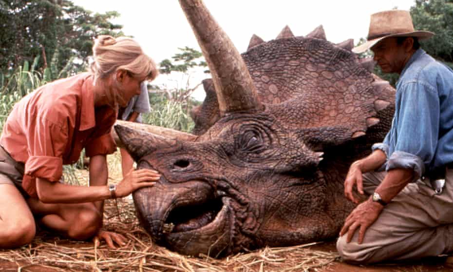 Laura Dern and Sam Neill get tender with a Triceratops in Steven Spielberg’s 1993 blockbuster, Jurassic Park. The film has inspired a new golden age of discovery, having ‘de-nerded’ the study of dinosaurs.