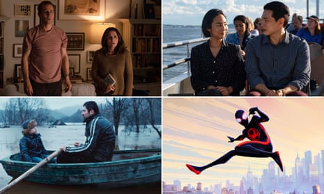 four film stills: a couple in a room, a couple on a boat, a man and a child in a boat and an animated superhero