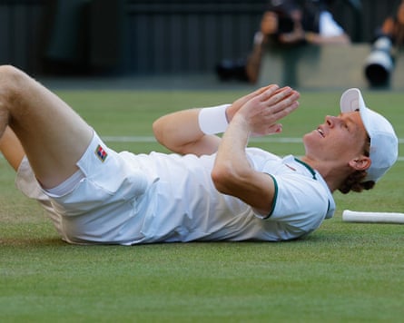 Jannik Sinner celebrates winning against Alexander Zverev on day fourteen of The Championships Wimbledon