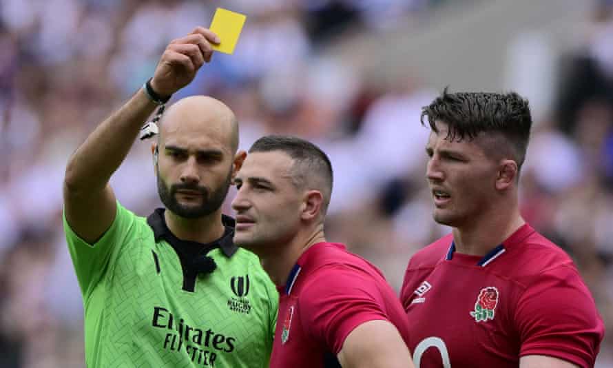 Jonny May of England is shown a yellow card and sent to the sin bin by Referee, Andrea Piardi