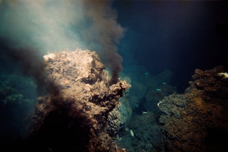 Crabs and other sea life living next to a hydrothermal vent on the ocean’s floor.