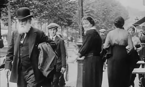 ‘Beatific’: the moment a woman looks at the camera in this footage of Edgar Degas walking in a Paris street