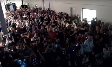 This is a frame grab from Nasa, shows Scorpius Space Launch Company (SSLC) employees and guests reacting in Torrance, California.