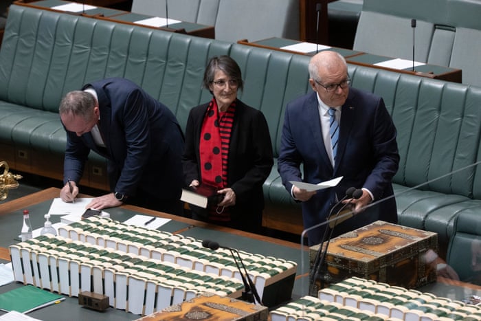 Scott Morrison and Barnaby Joyce and Maria Vamvakinou being sworn in