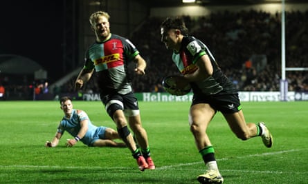 Cadan Murley crosses the line for Harlequins during the first half