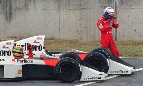 Ayrton Senna makes his feelings known to Alain Prost after the McLaren drivers collide at Suzuka in 1989.