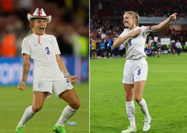 Rachel Daly and Leah Williamson celebrate England’s semi-final victory over Sweden.