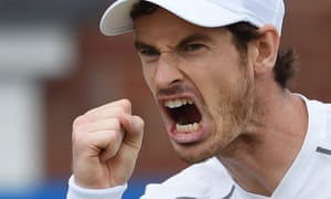 Andy Murray celebrates after winning a point against Canada’s Milos Raonic during the Queen’s final yesterday. EPA/FACUNDO ARRIZABALAGA