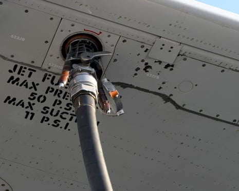 An aircraft during a refuelling procedure.