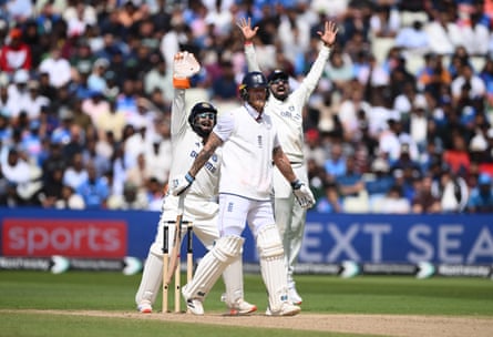 Wicketkeeper Rishabh Pant appeals with for the wicket of Ben Stokes just before lunch