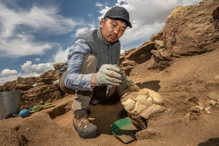 Sodnomjamts Damchaabadgar excavates a pair of skulls from a Bronze Age burial site in Aduun Chuluun, Bayandelger Soum, Töv Province, Mongolia