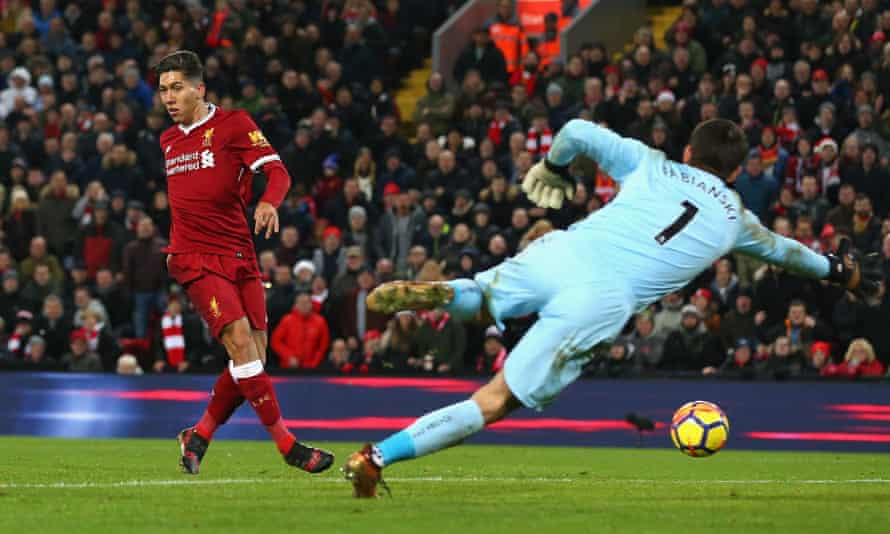 Roberto Firmino of Liverpool scores his second and his sides fourth goal.