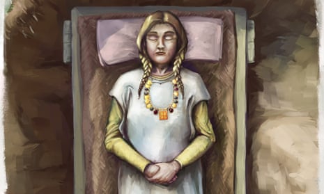 reconstruction of burial site, drawing of woman with braids wearing necklace in a grave