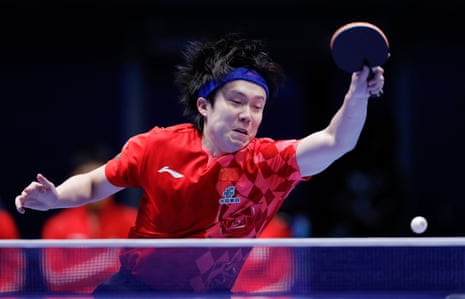 Wang Chuqin of China, the multiple world and Olympic champion and world No 1 men’s player – hits a forehand during his victory over Samuel Walker of England at Wembley