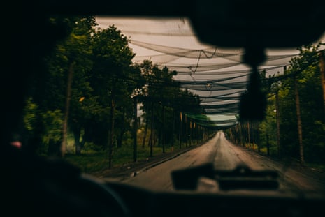Anti-drone netting covers a tree-lined road