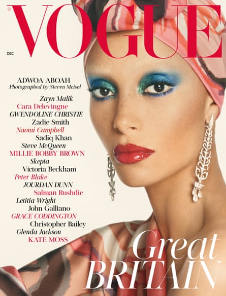 Adwoa Aboah on Edward Enninful’s first Vogue cover, wearing blue eyeshadow and with her hair in a turban