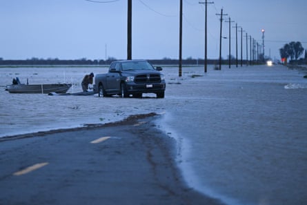 Flooded Central Valley farmland during a winter storm along the border of Kings County and Tulare County near Corcoran, California on Tuesday.