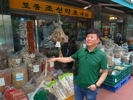 Gil Sa-hyeon outside his traditional medicine shop, Joseon Yakcho, in Seoul’s Yangnyeongsi Market.