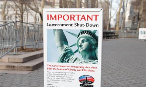 A sign announcing the closure of the Statue of Liberty, due to the US government shutdown.