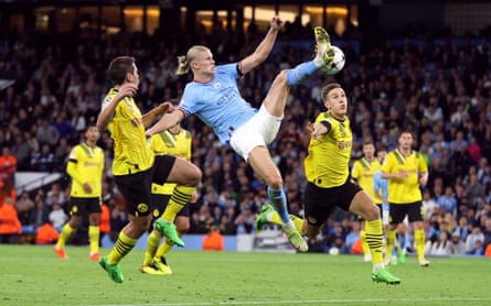 Erling Haaland shapes to score against Borussia Dortmund in midweek