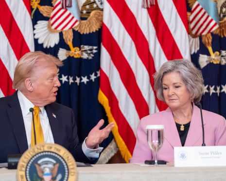 Donald Trump speaks to Susie Wiles during a board meeting of the Kennedy Center for the Performing Arts in the East Room of the White House, 16 March 2026.