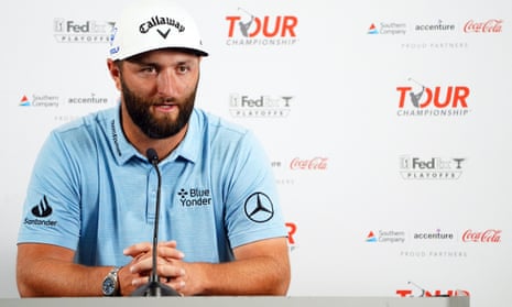 Jon Rahm addresses the media during a press conference at East Lake Golf Club prior to Thursday’s start of the Tour Championship golf tournament in Atlanta, Georgia.