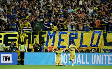 Miguel Merentiel celebrates with Boca Juniors fans
