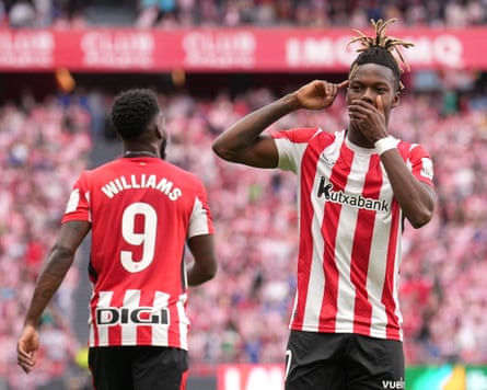 Nico Williams, (right) celebrates a goal.