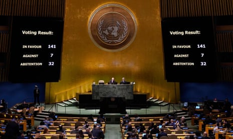 Screens display the vote count during the UN general assembly’s special session on Ukraine.