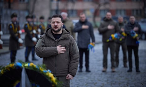 Volodymyr Zelenskiy paying tribute to fallen soldiers at the Field of Mars of Lychakiv cemetery in the western city of Lviv.