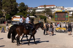 Mounted Police patrol at Bondi beach as part of public health order compliance operations on August 15, 2021
