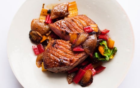 All about that crisp skin: duck with blood orange, shallots and chard.