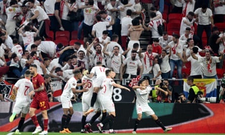 Sevilla celebrate after Roma’s Gianluca Mancini’s own goal in the Europa League final last season.