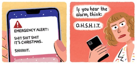cartoon by stephen collins about an emergency alert on phones, panel 3