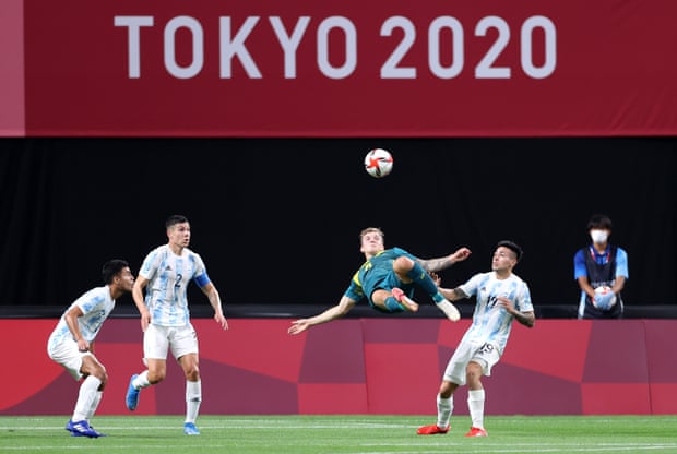Australia’s Riley McGree tries to score with an overhead kick against Argentina.