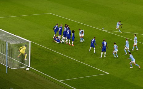 Riyad Mahrez of Manchester City scores the opening goal.