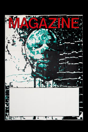Magazine, poster for Secondhand Daylight tour, Virgin 1979Magazine’s hyper-charged music and literary-aware lyrics, snarlingly delivered by the it lead singer, Howard Devoto, marked the peak of post-punk. For their Secondhand Daylight album, Ian Pollock proved an eerie image of a head on a post, using a photograph he took of a masked protestor at a Save the Whale rally in Trafalgar Square.