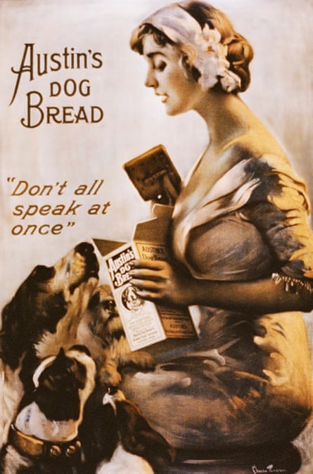 Vintage poster of woman feeding dogs.