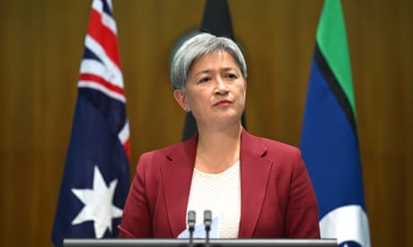 Australian Foreign Minister Penny Wong speaks to the media after holding a bilateral meeting with Chinese Foreign Minister Wang Yi at Parliament House, in Canberra, Wednesday, March 20, 2024. (AAP Image/Lukas Coch) NO ARCHIVING
