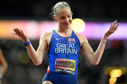 Keely Hodgkinson gestures before the women’s 800m final during the World Athletics Ultimate Championship in Budapest, Hungary