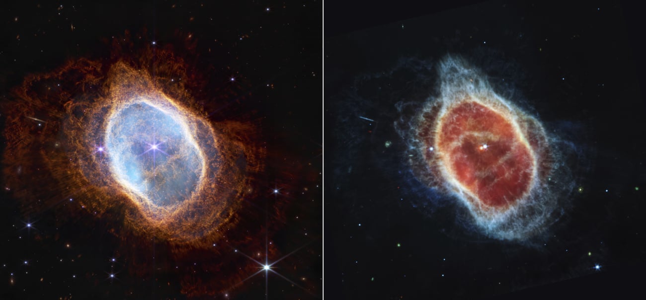 A side-by-side comparison of observations of the Southern Ring nebula – in near-infrared light (left) and mid-infrared light (right)
