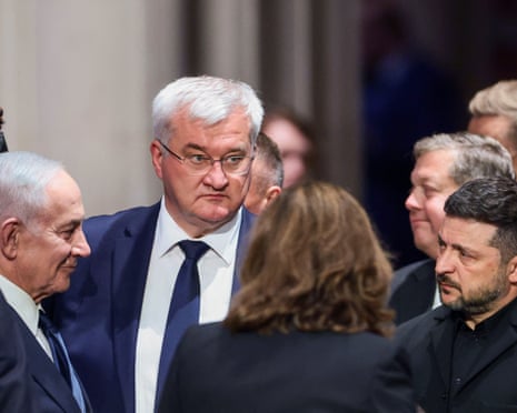 Israeli PM Benjamin Netanyahu, Ukrainian foreign minister Andrii Sybiha, Ukrainian president Volodymyr Zelenskyy at the funeral service.