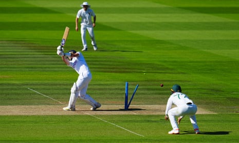 Matt Potts is bowled as England collapse on the third day against South Africa