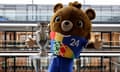 The Euro 2024 trophy is seen at Hans-Sachs-Haus, town hall of Gelsenkirchen, along with tournament mascot Alb?rt.